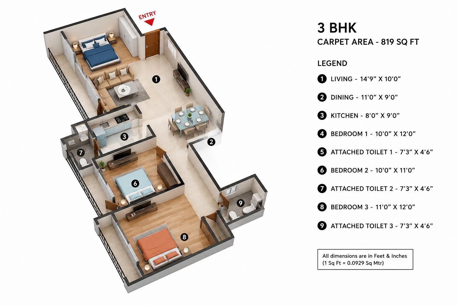 3BHK floor plan