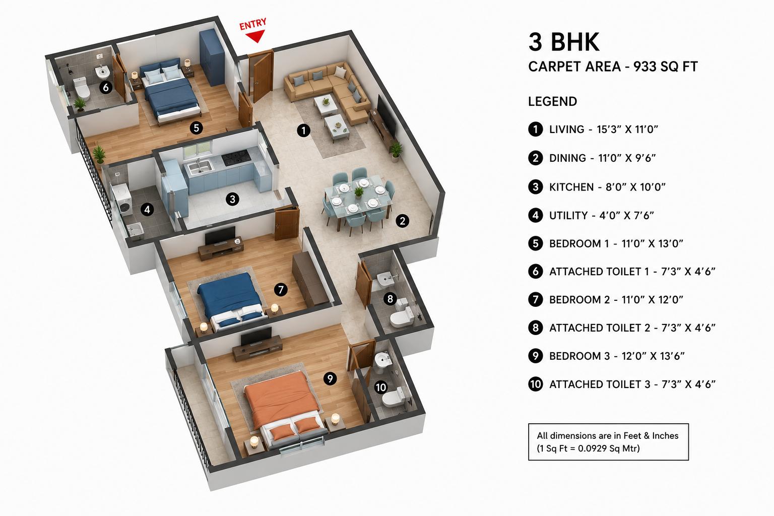 3BHK Grand floor plan