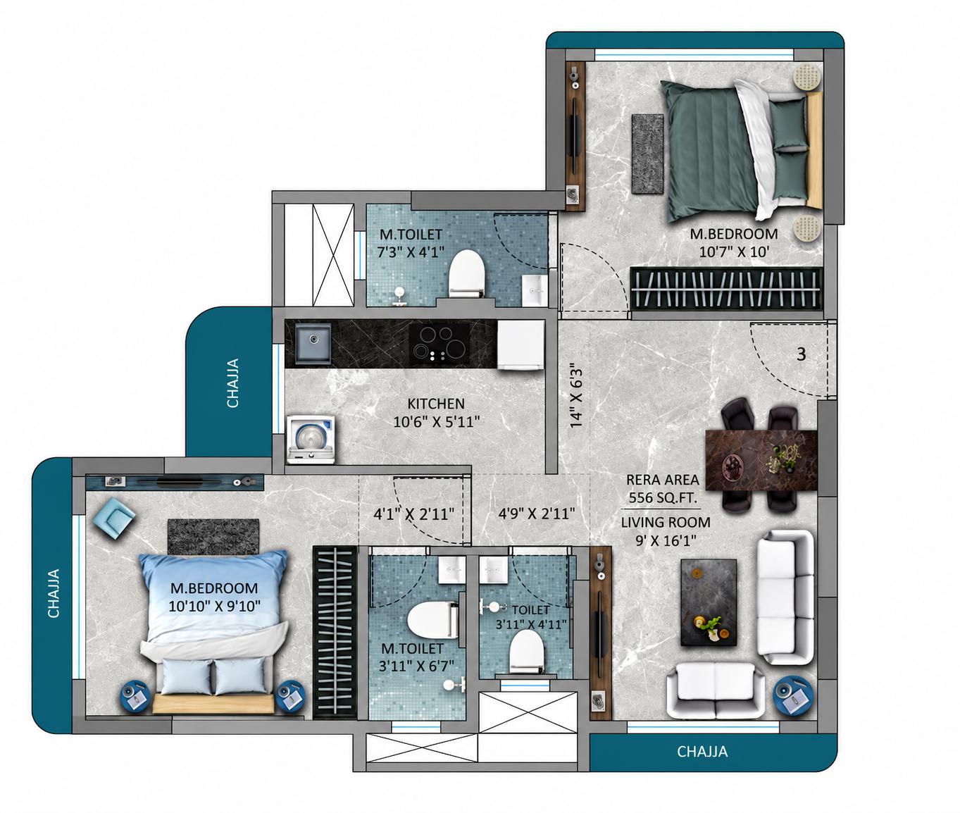 2BHK floor plan