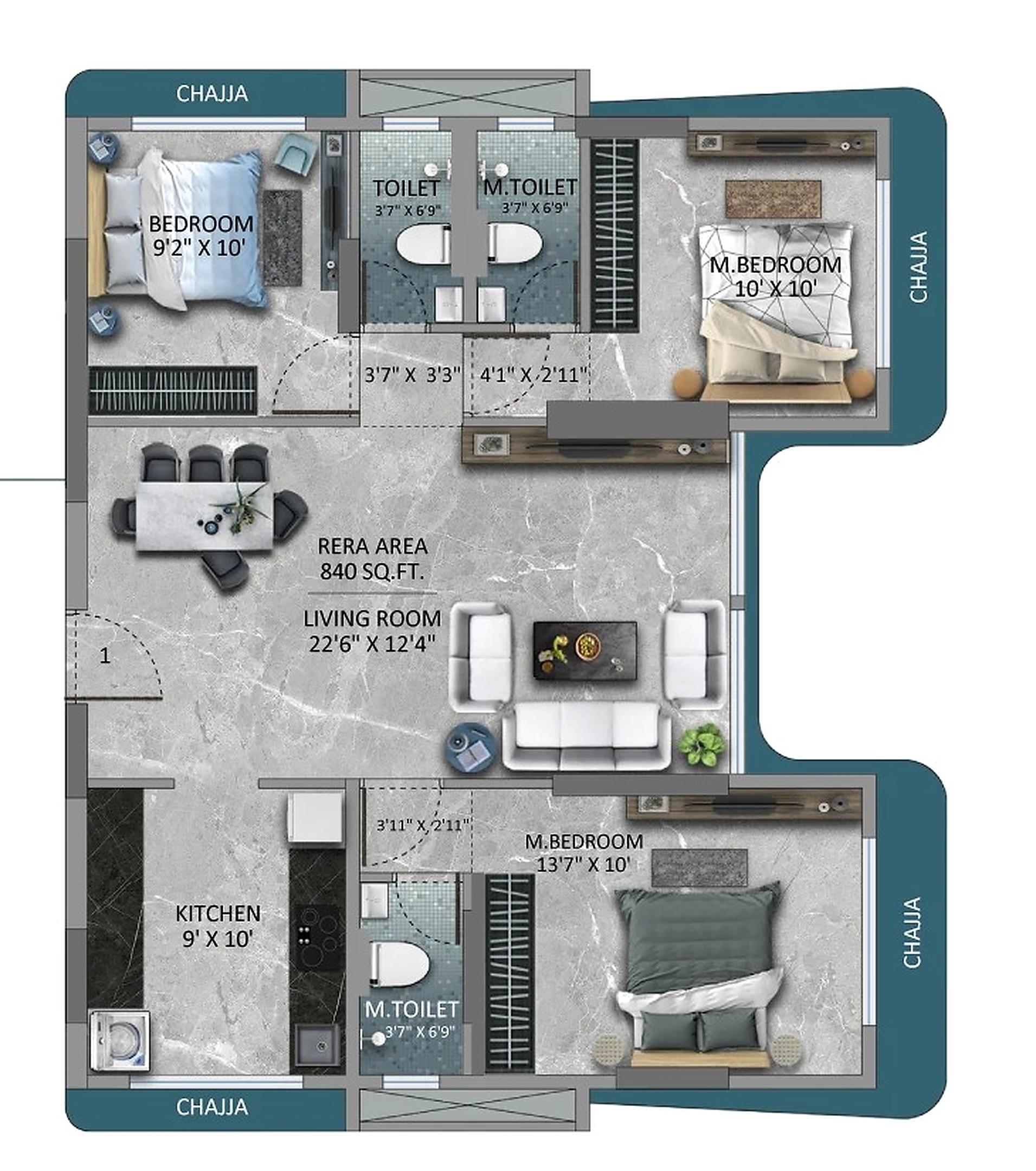 3BHK floor plan
