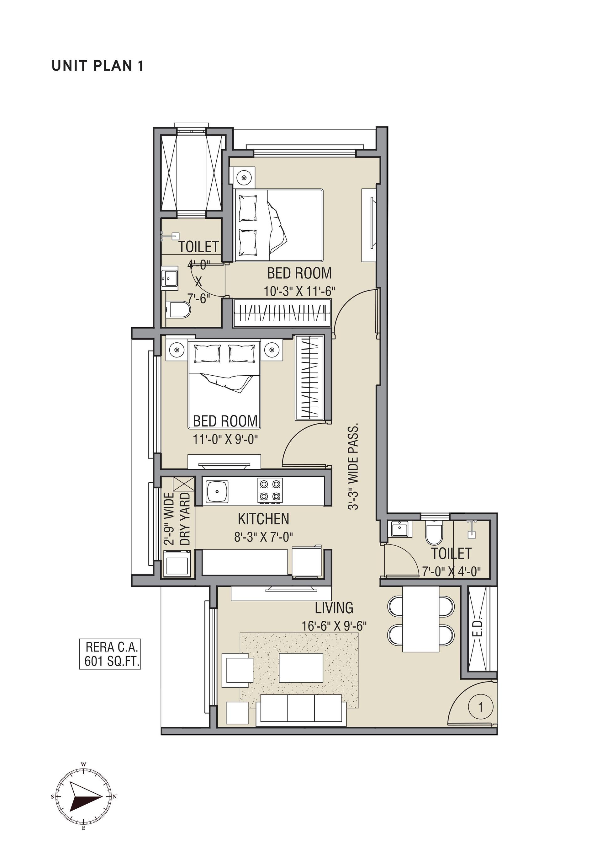 2BHK Type1 floor plan