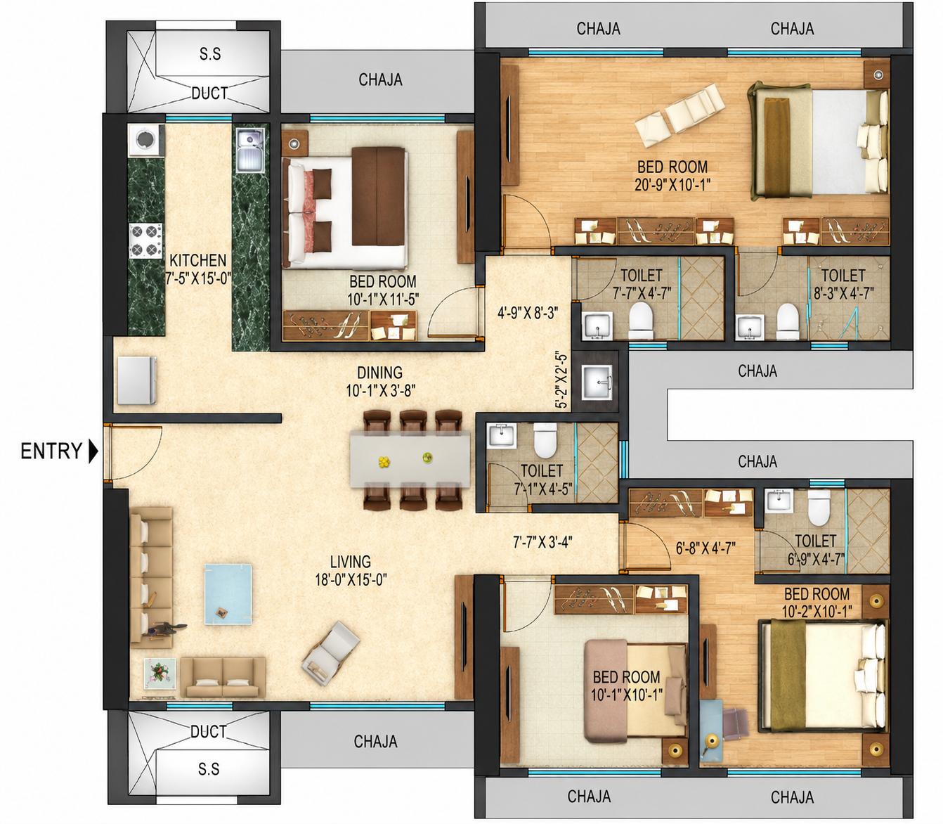 4BHK (2+2) Jodi floor plan