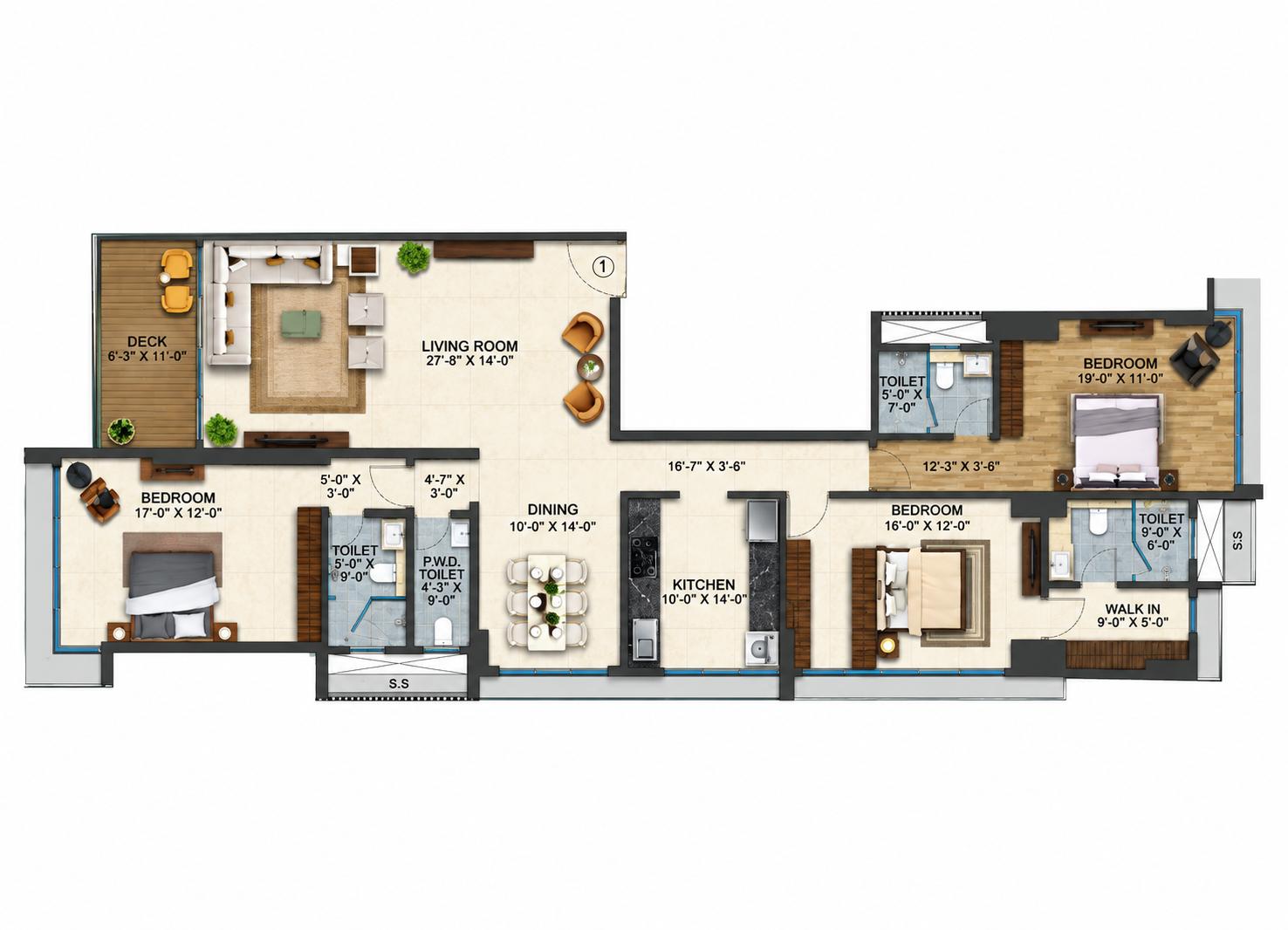 3BHK floor plan