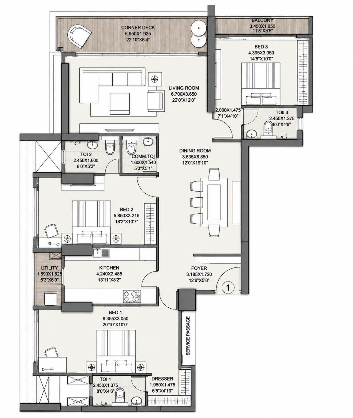 3BHK floor plan