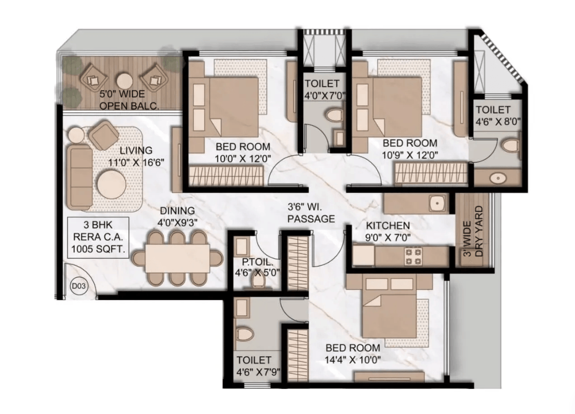 3BHK floor plan