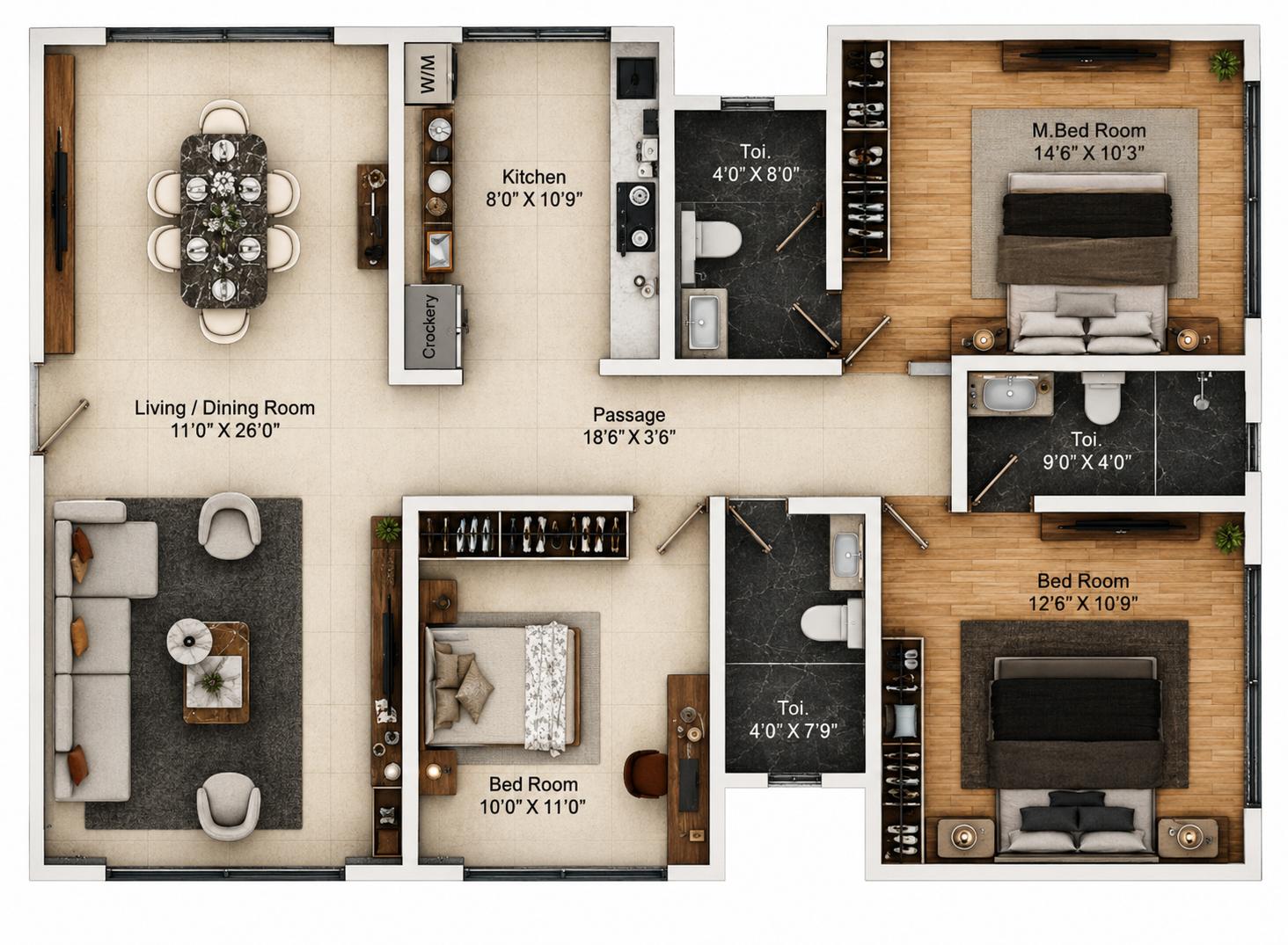 3BHK floor plan