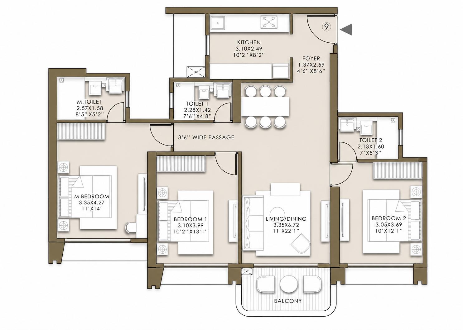 3 BHK Small floor plan