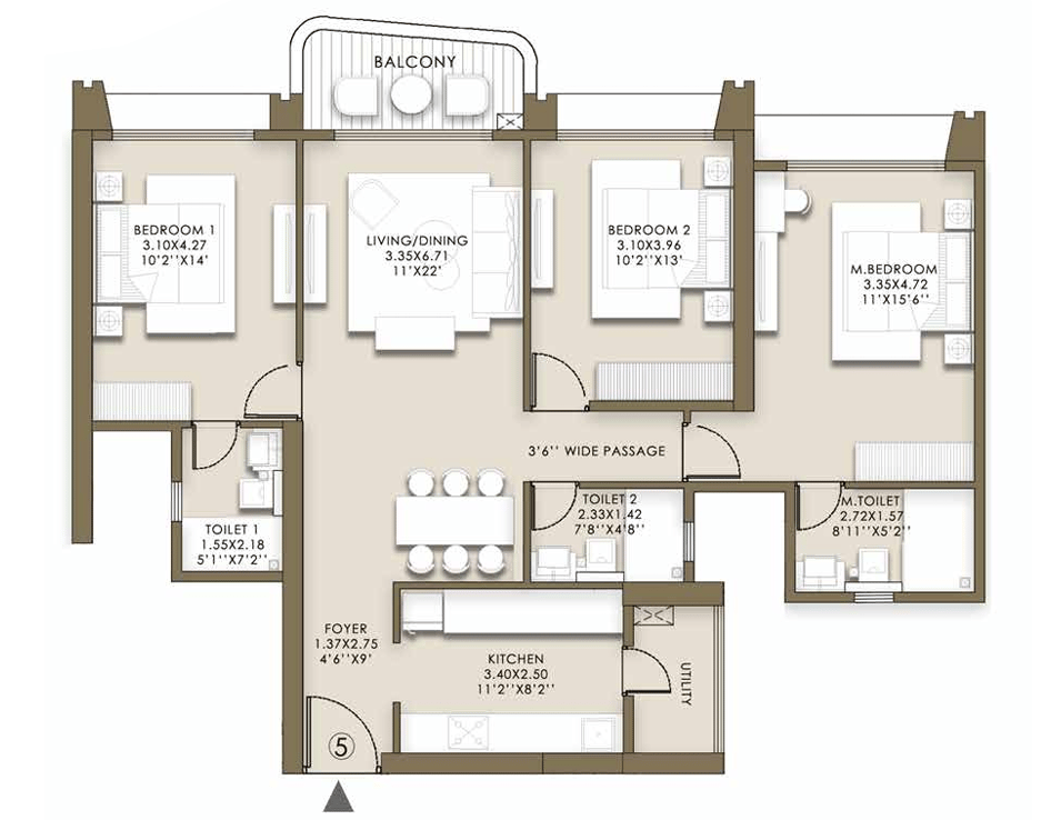 3BHK floor plan