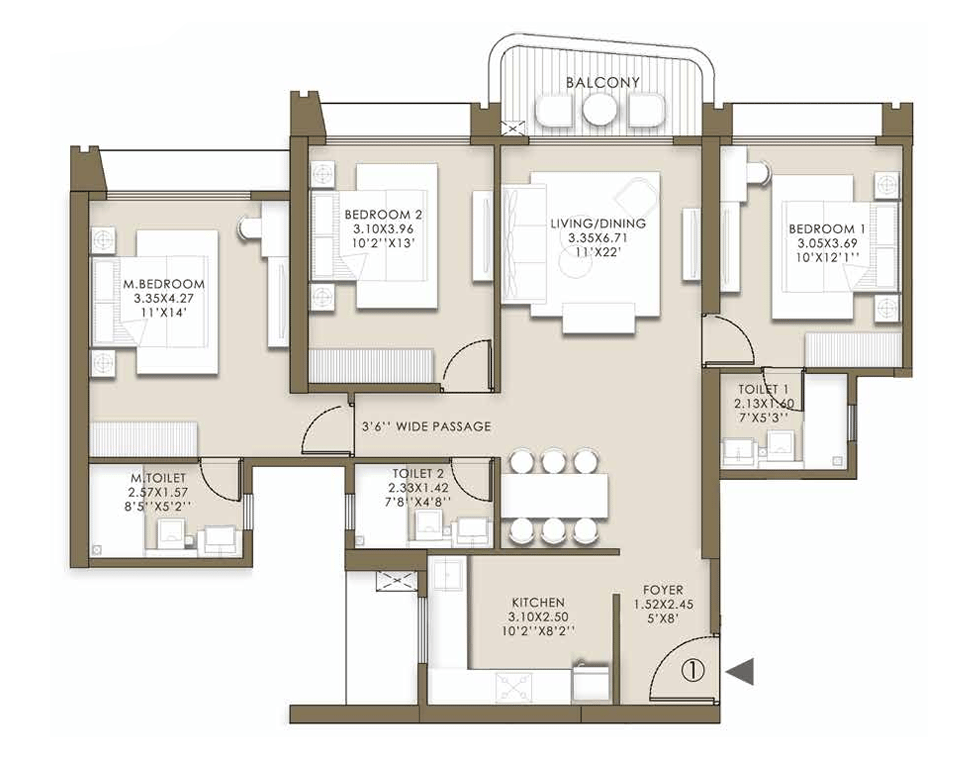 3 BHK Small floor plan