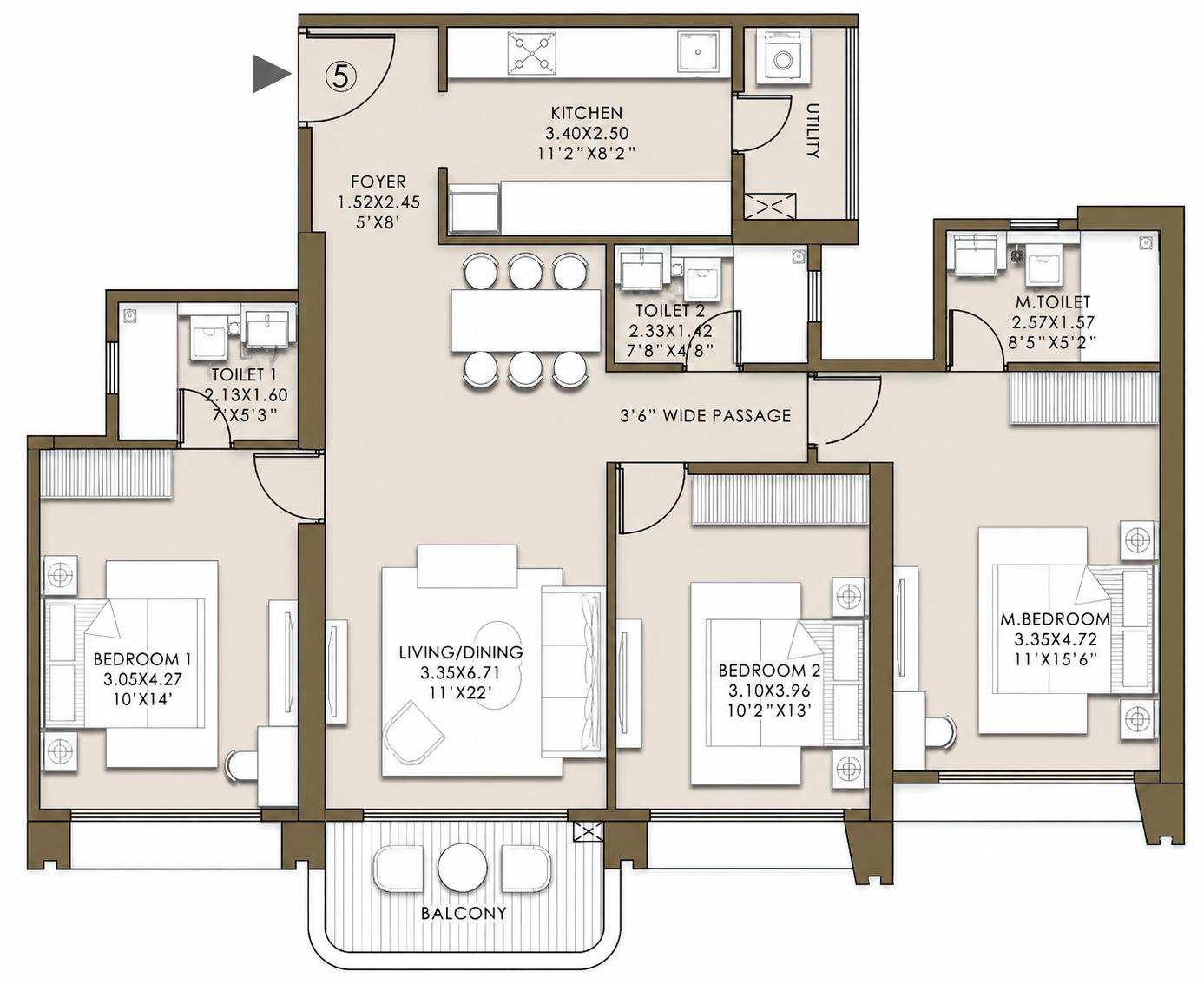 3 BHK Medium floor plan