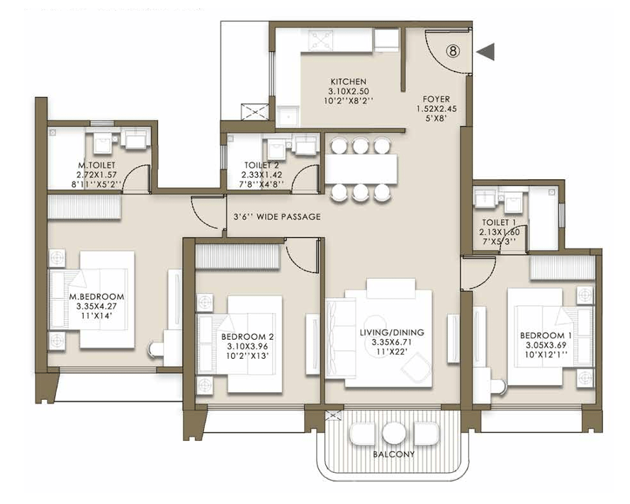 3 BHK Small floor plan