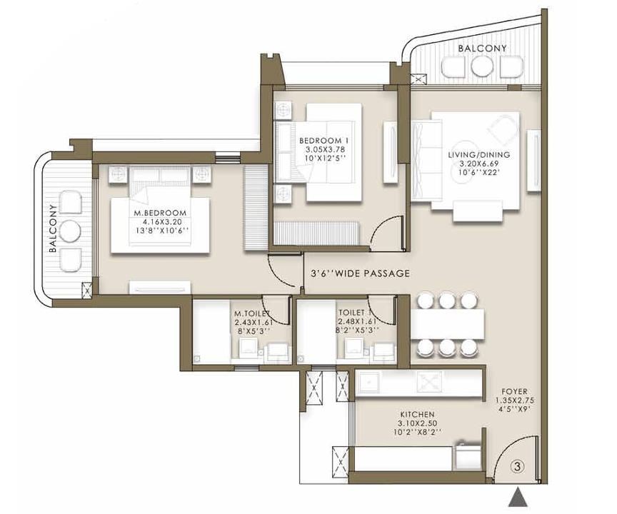 2 BHK Large floor plan