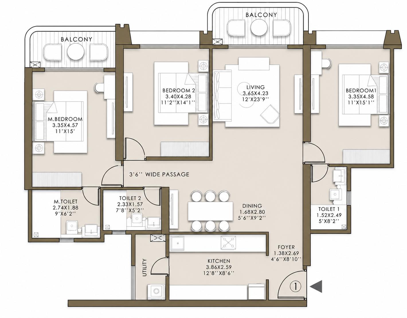 3 BHK Large floor plan