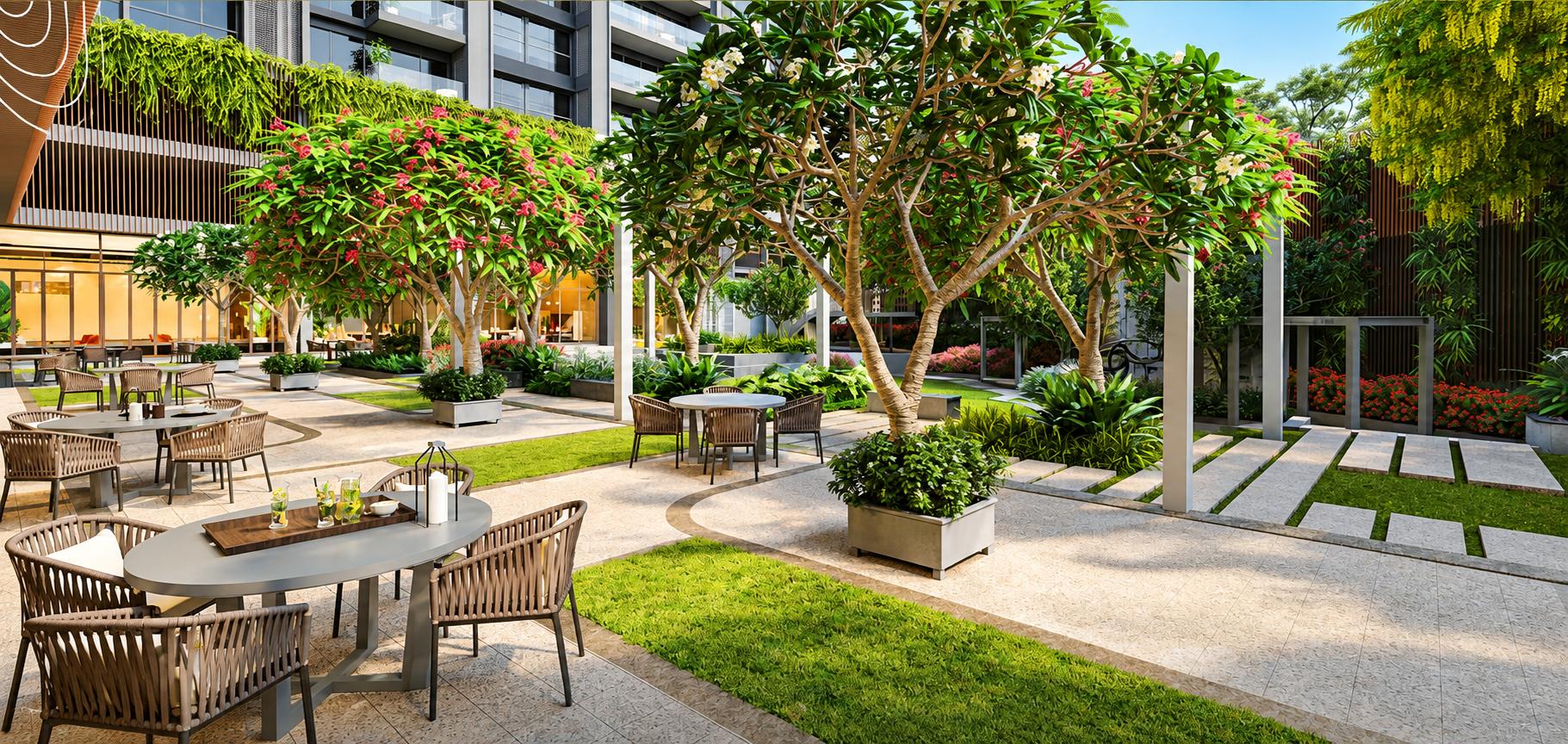 Landscaped gardens at K Raheja Amaltis, Sion