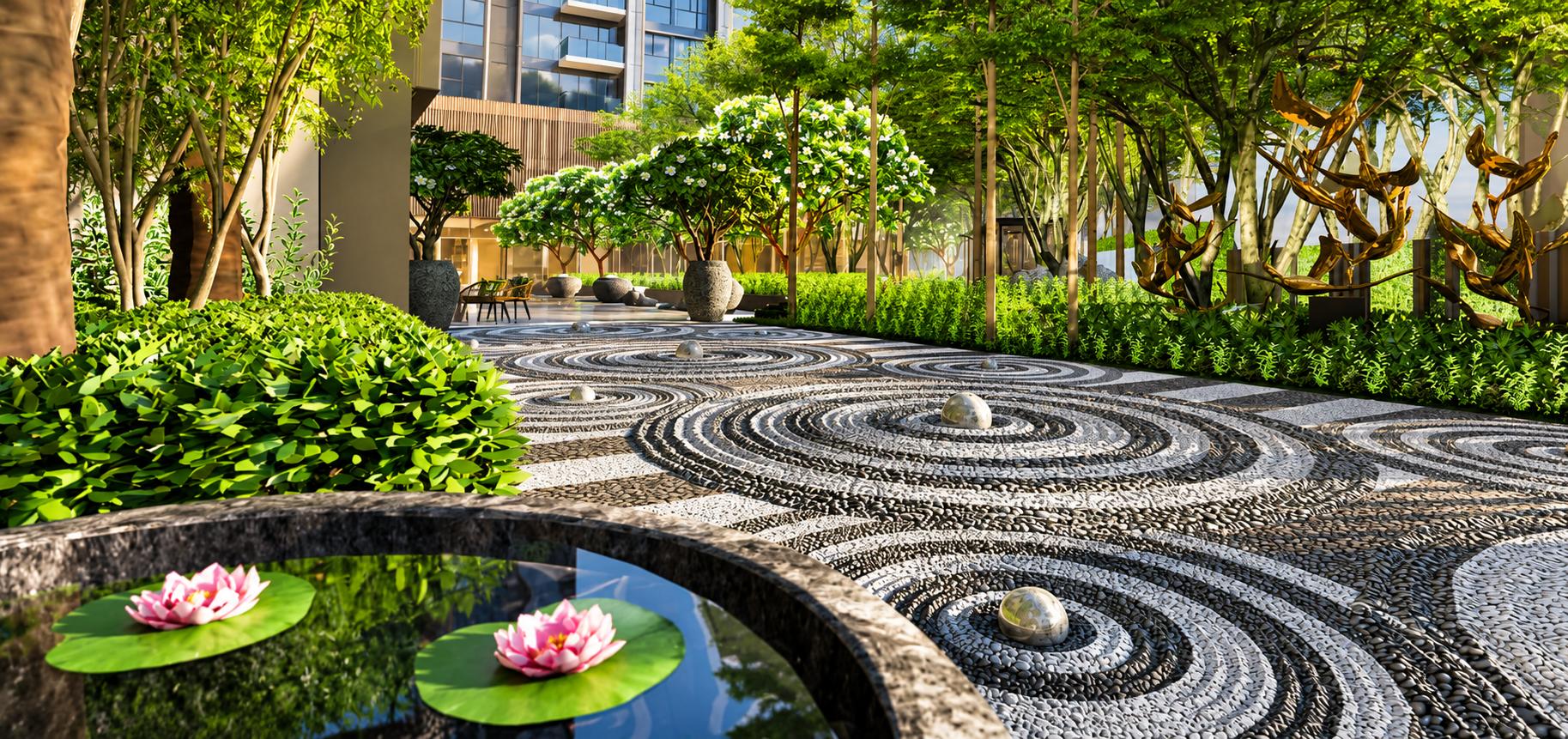 Landscaped gardens at K Raheja Amaltis, Sion