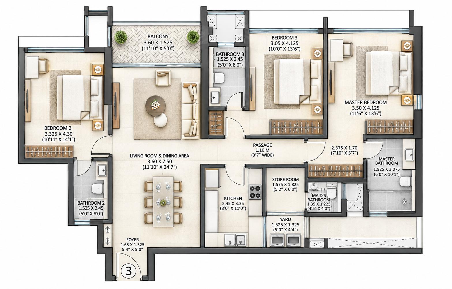 3BHK floor plan