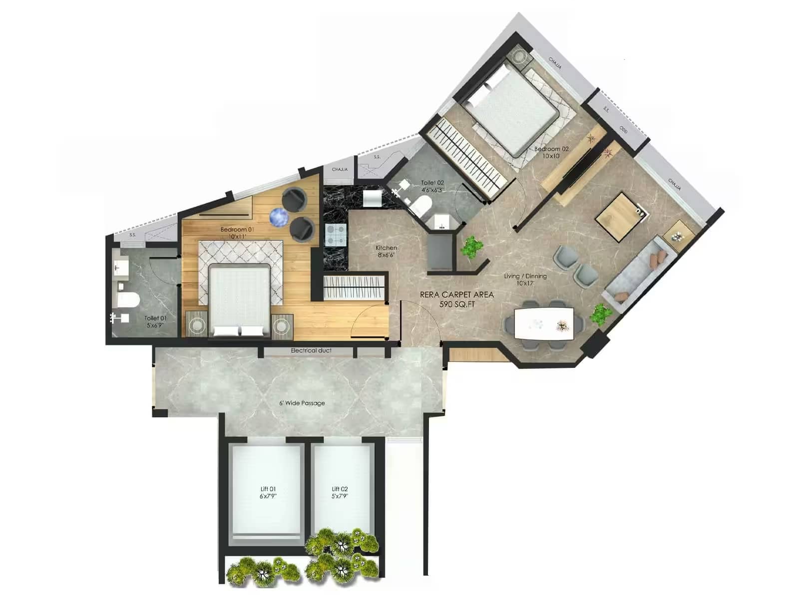 2 BHK Type 2 floor plan