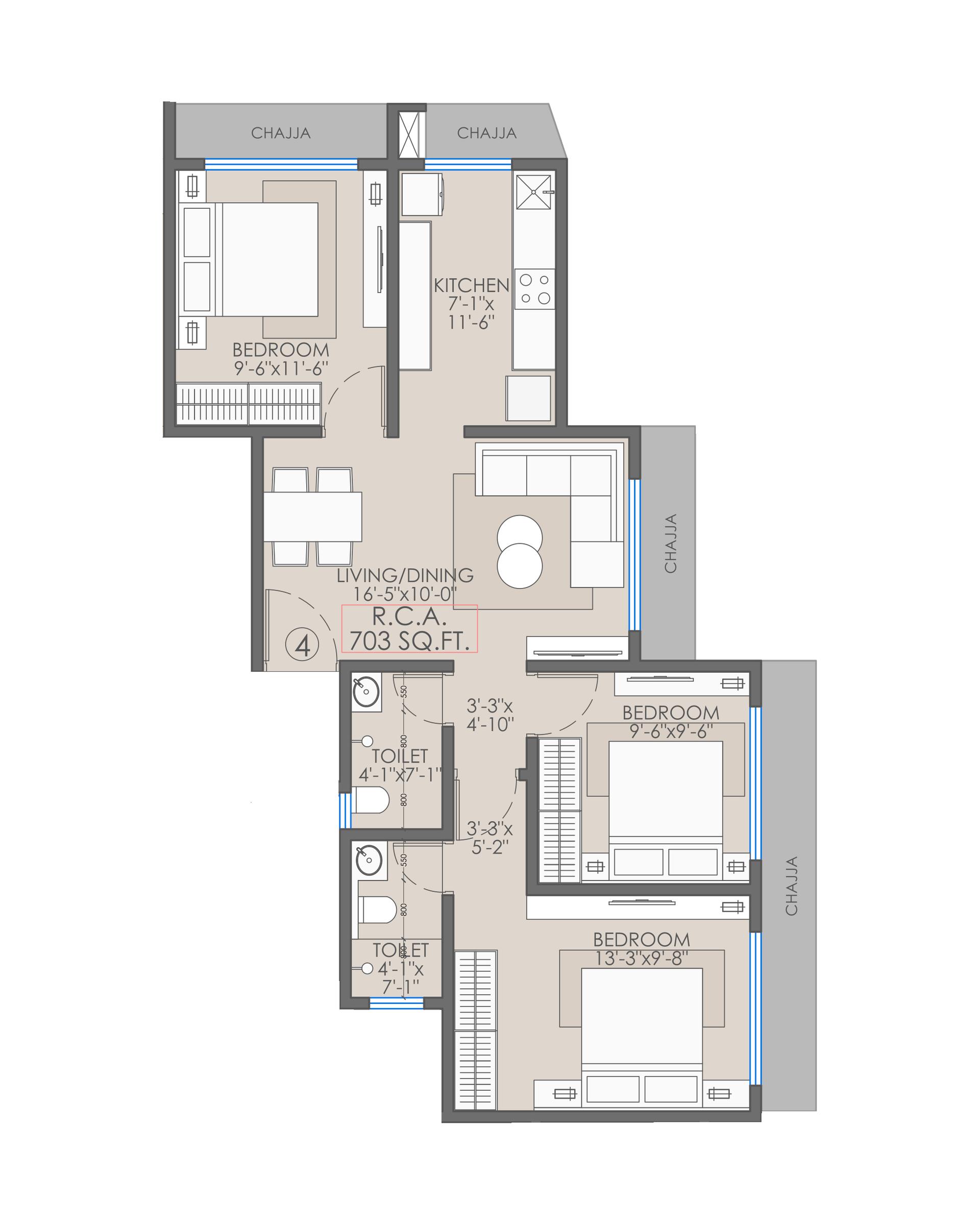 3BHK floor plan
