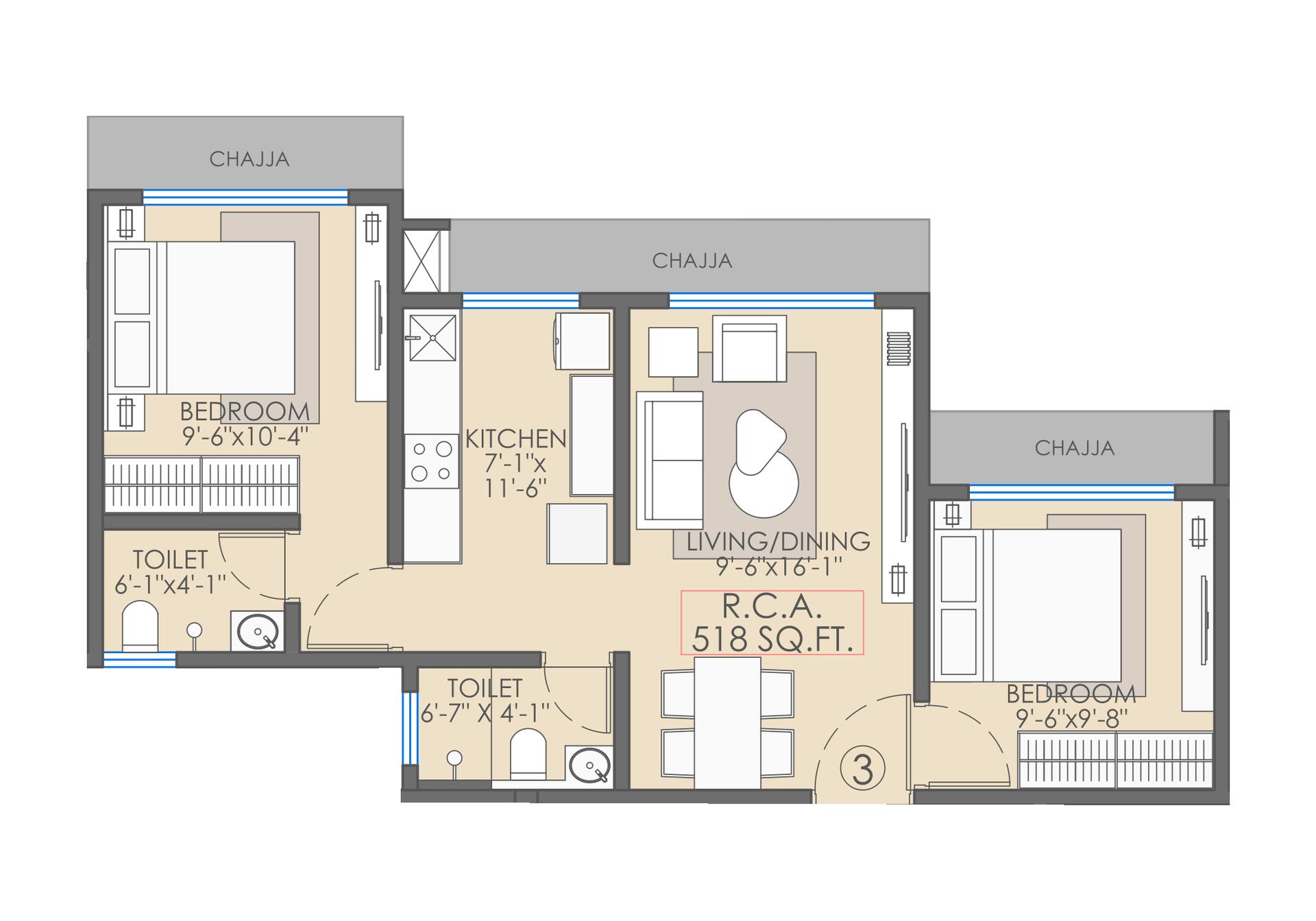 2BHK Type1 floor plan