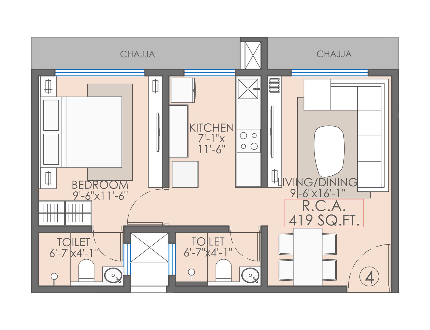 1BHK Type2 floor plan