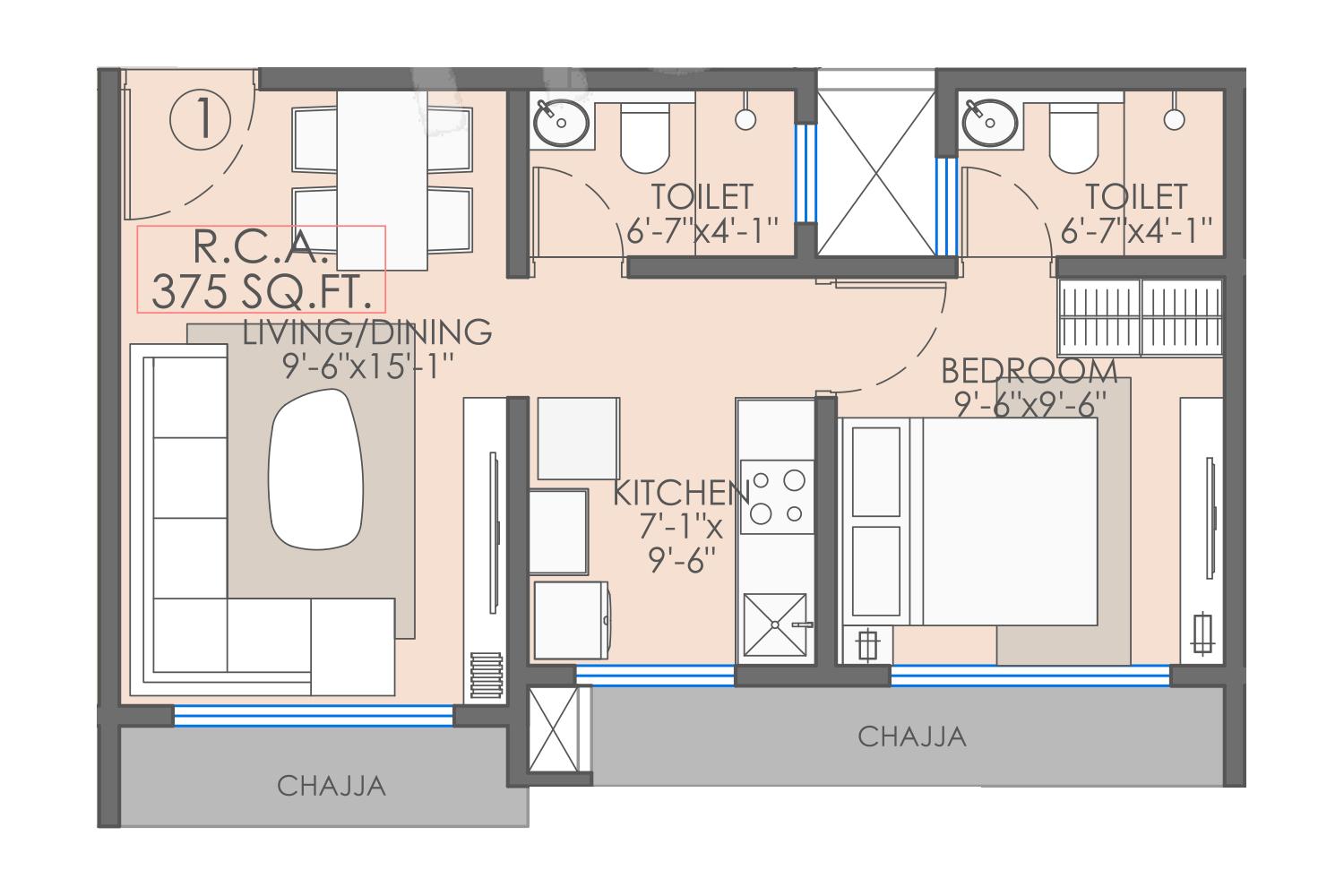 1BHK Type1 floor plan