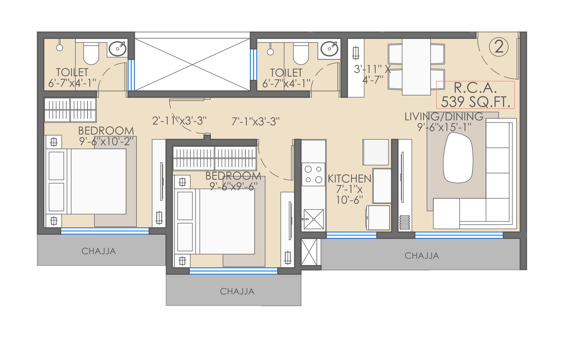 2BHK Type2 floor plan