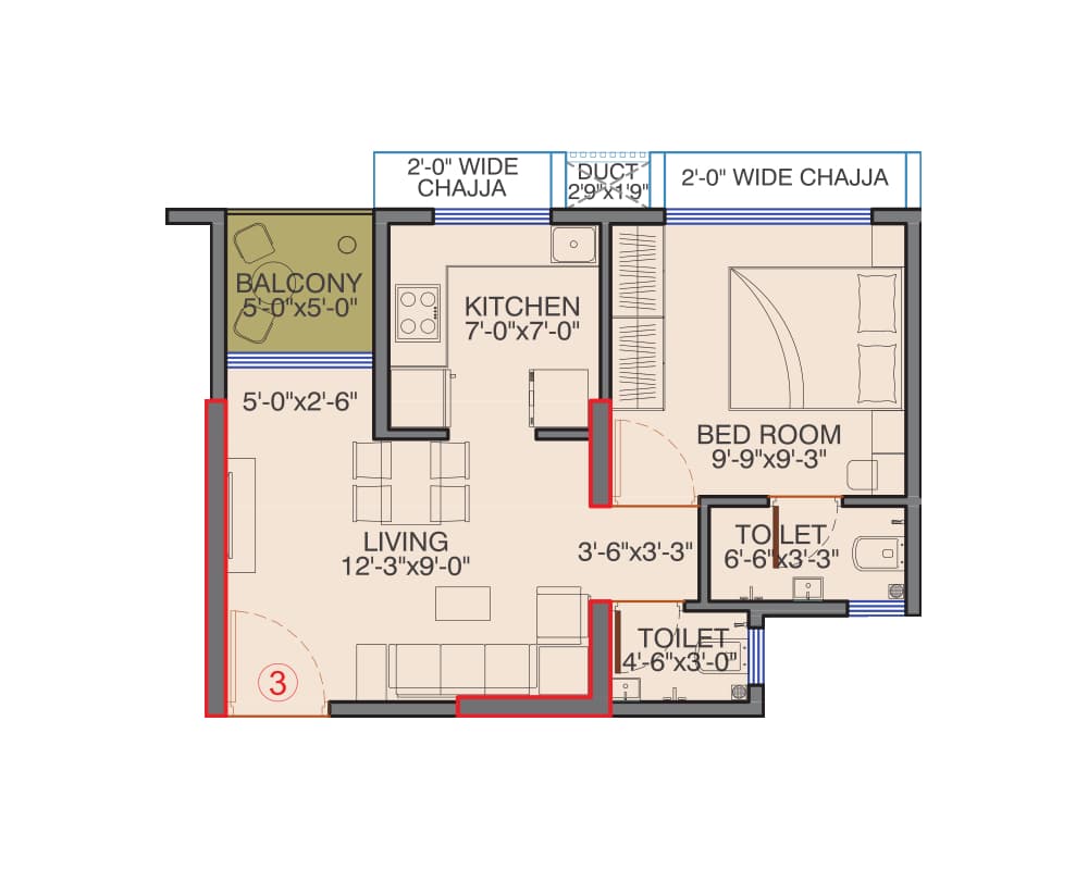 1BHK Type1 (Tower1) floor plan