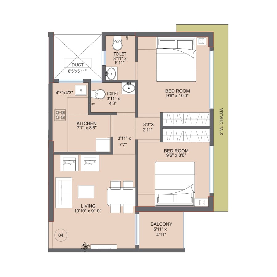 2BHK Type1 (Tower 3) floor plan