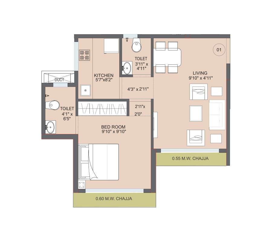 1BHK Type2 (Tower 3) floor plan