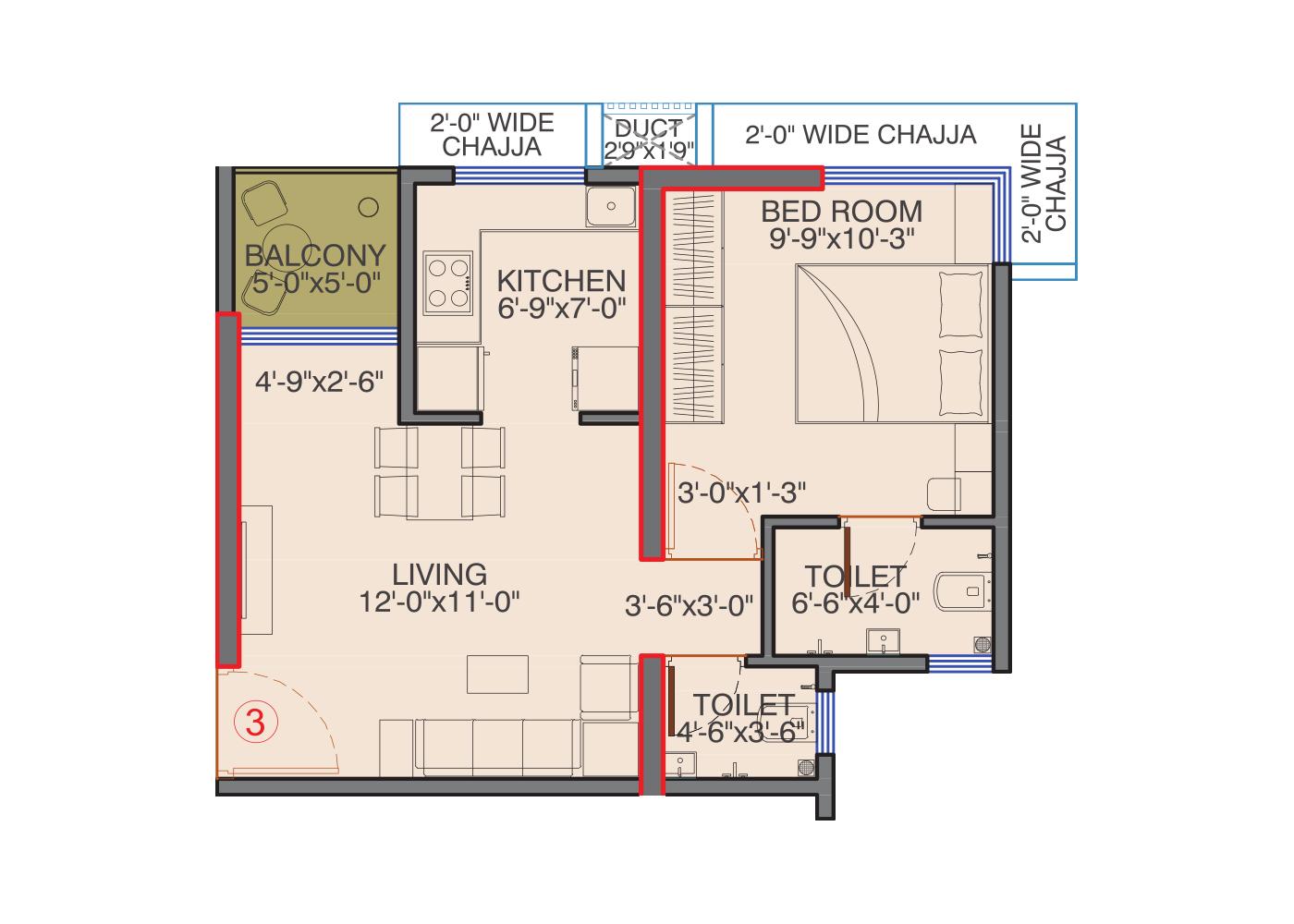 1BHK Type2 (Tower 1) floor plan