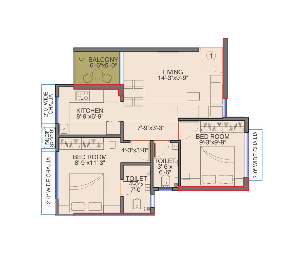 2BHK (Tower 1) floor plan