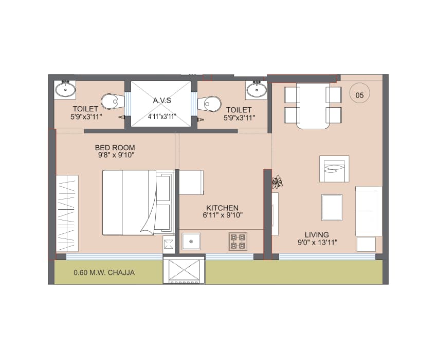 1BHK Type1 (Tower 3) floor plan