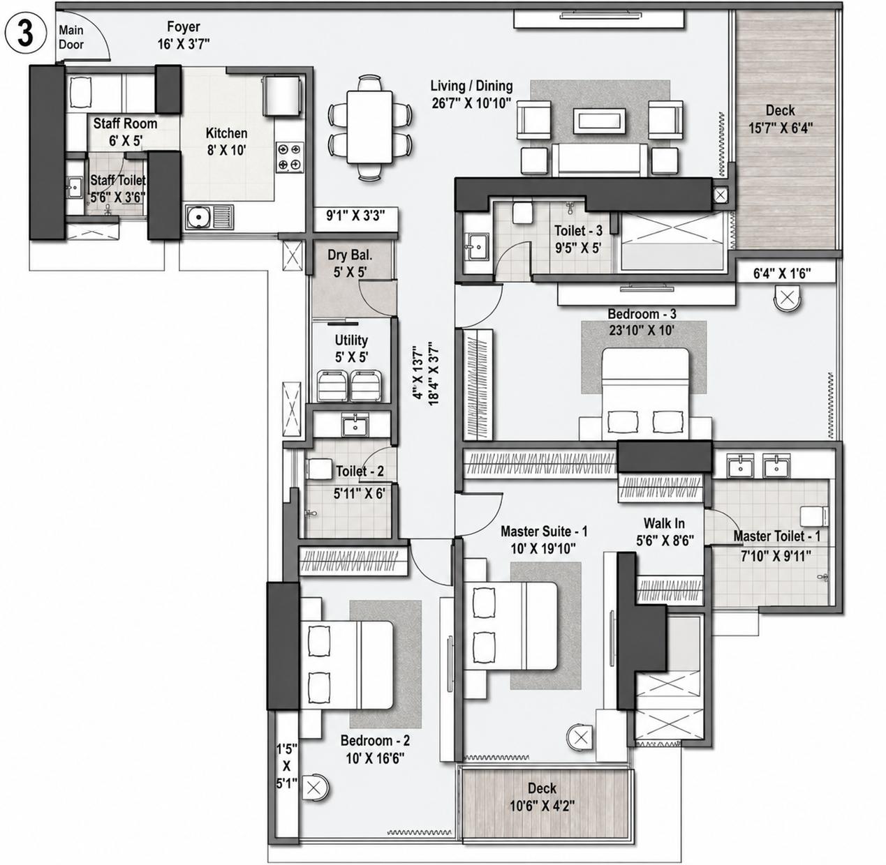 3BHK - Fortuna floor plan