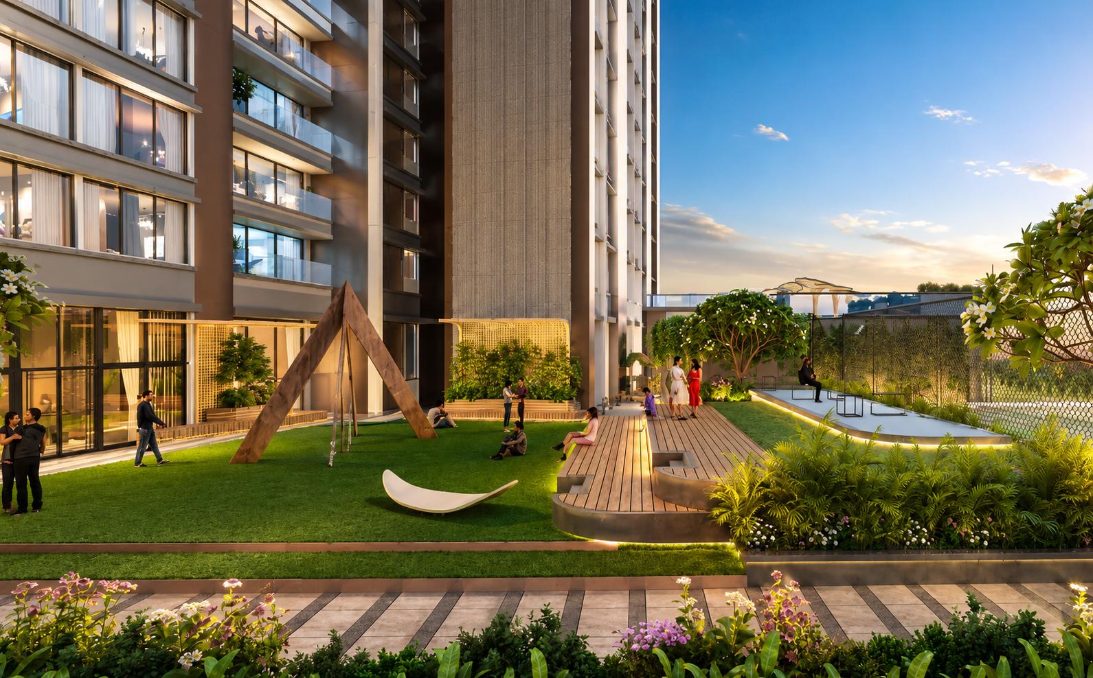 Landscaped gardens at Shreeji Aikyam, Kandivali West