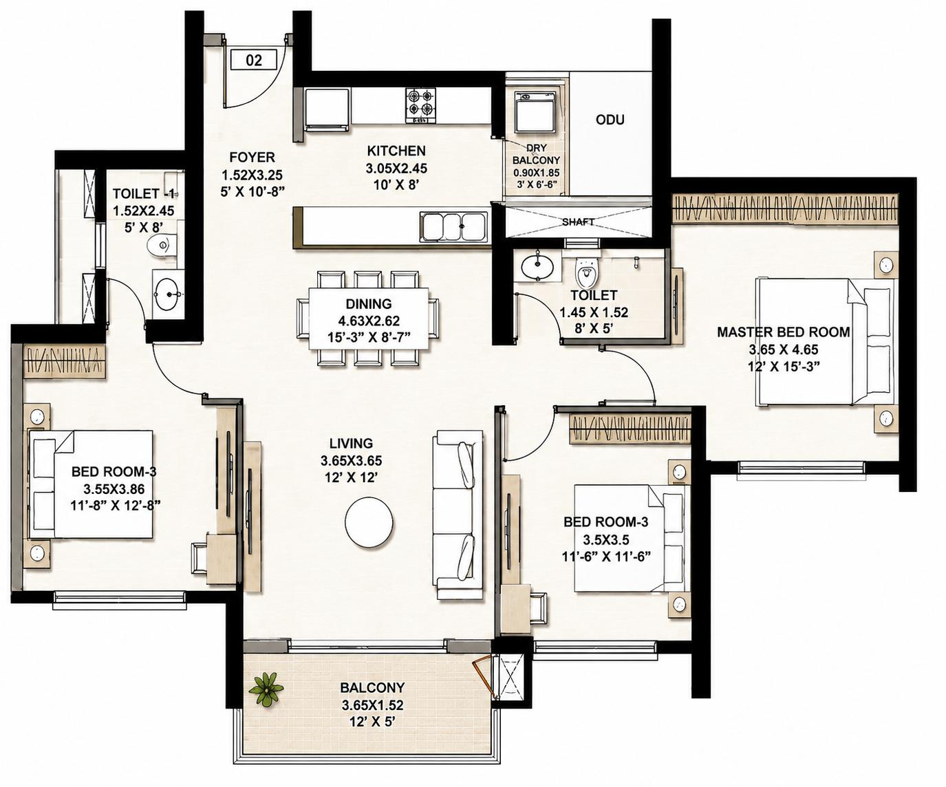 3BHK Premium floor plan