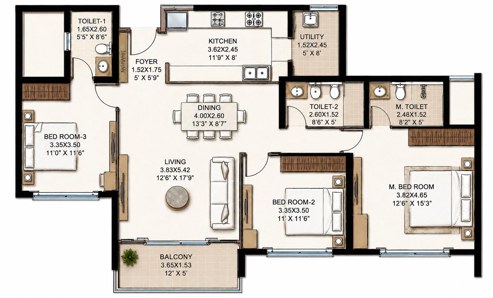 3BHK floor plan
