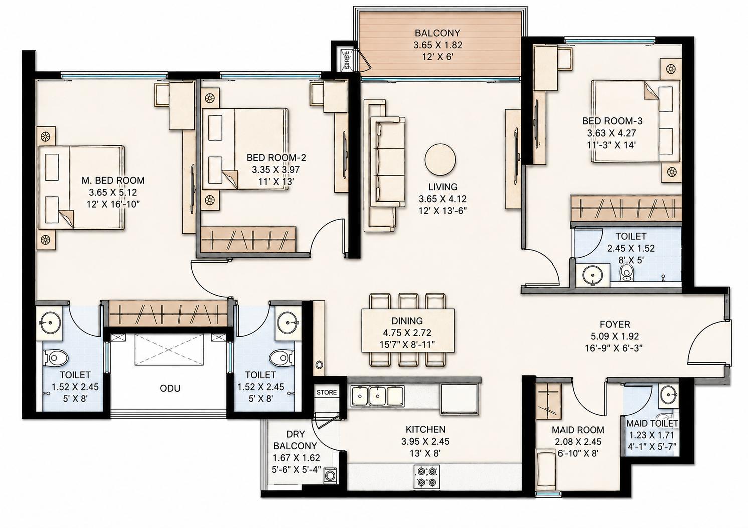 3BHK Luxury floor plan
