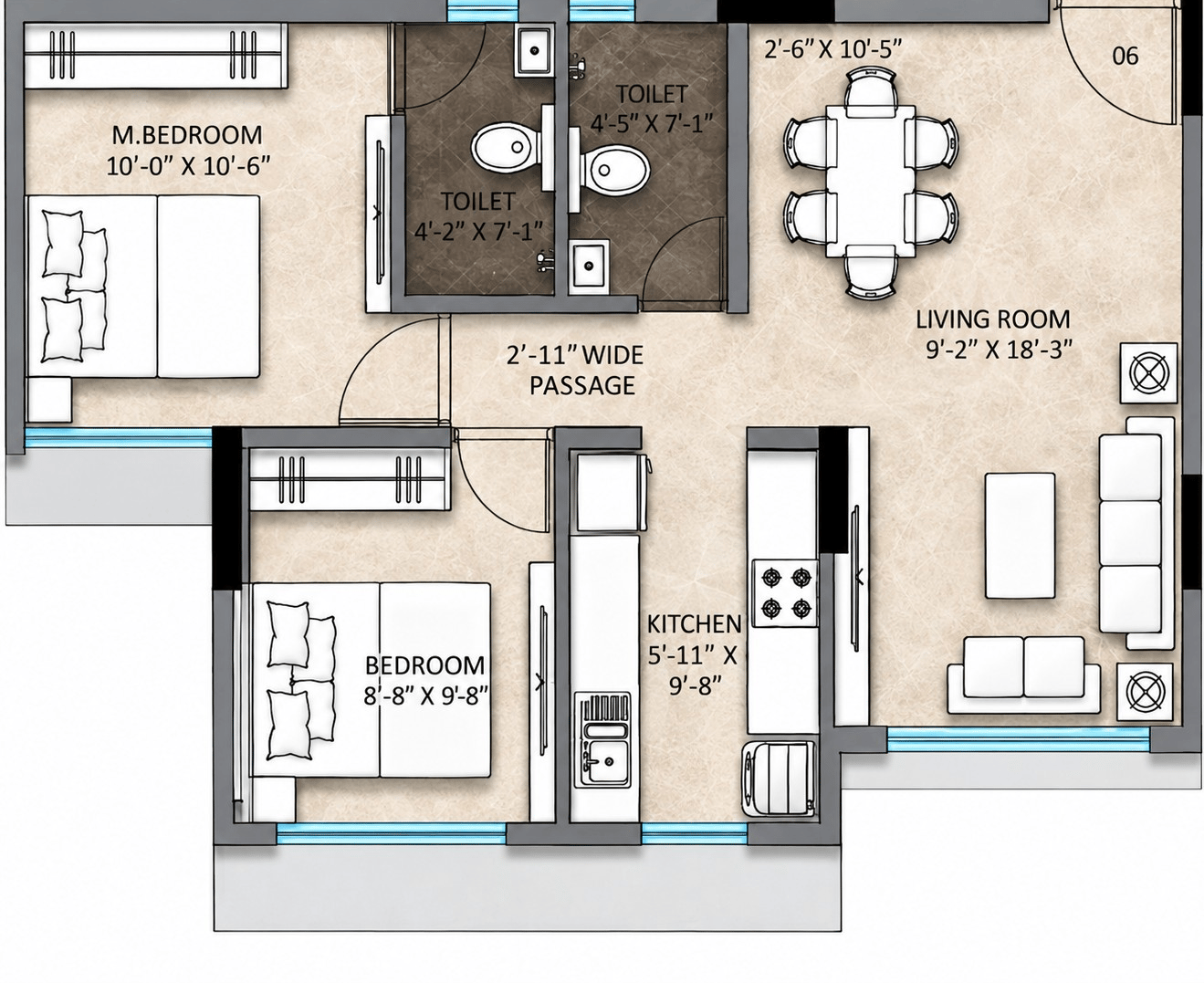 2BHK floor plan