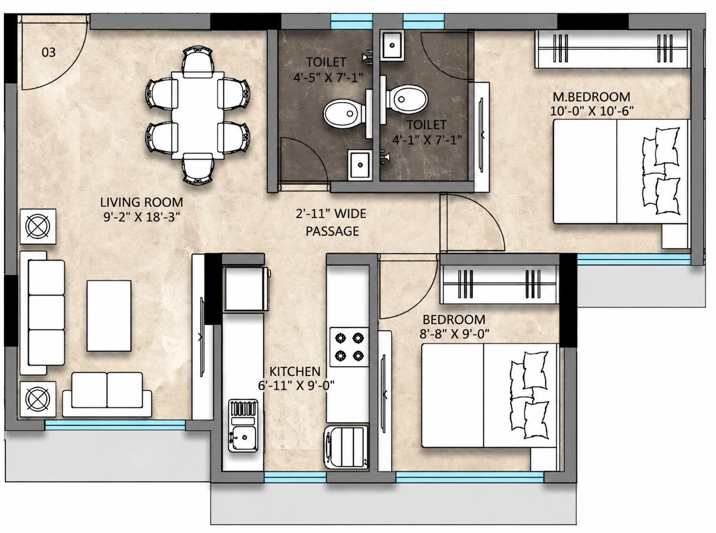 2BHK (Type A) floor plan