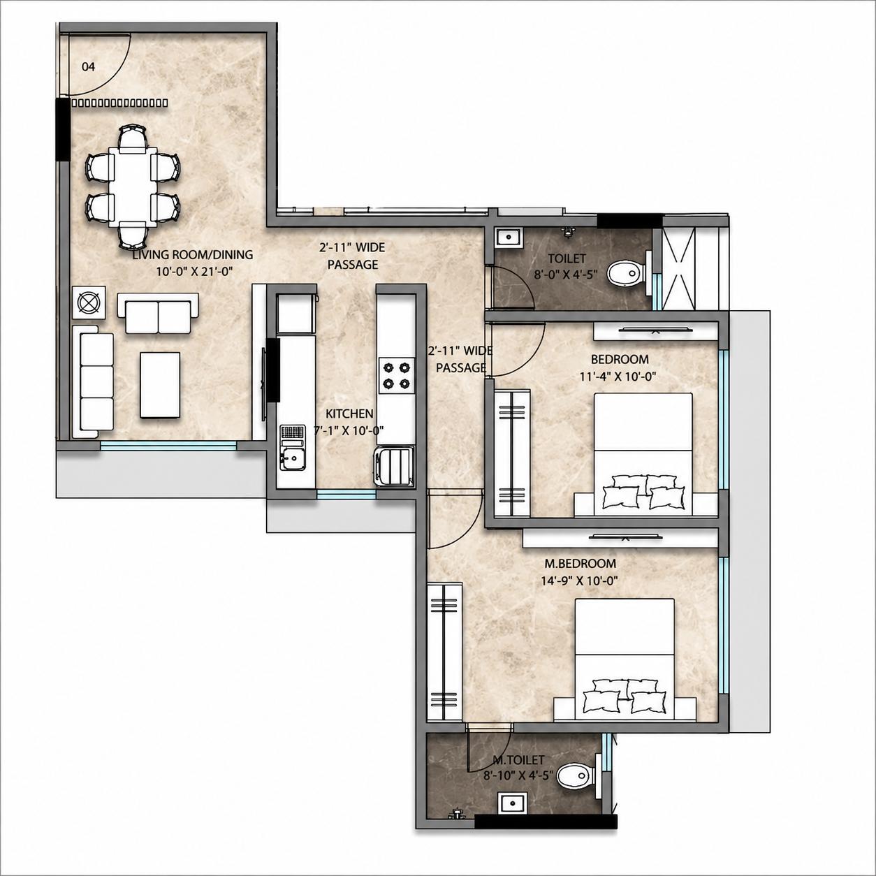 2BHK Grand floor plan