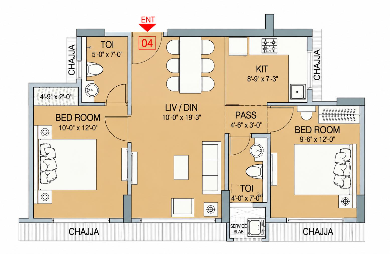 2BHK floor plan