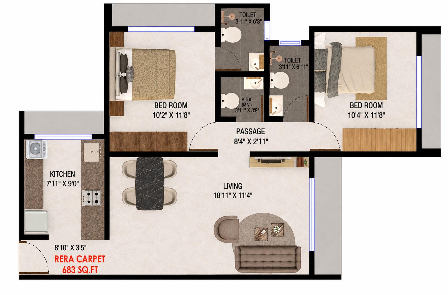 2BHK Type2 floor plan