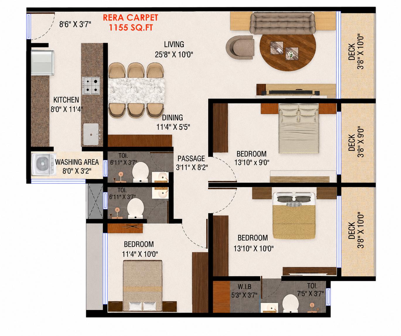 3BHK Type2 floor plan