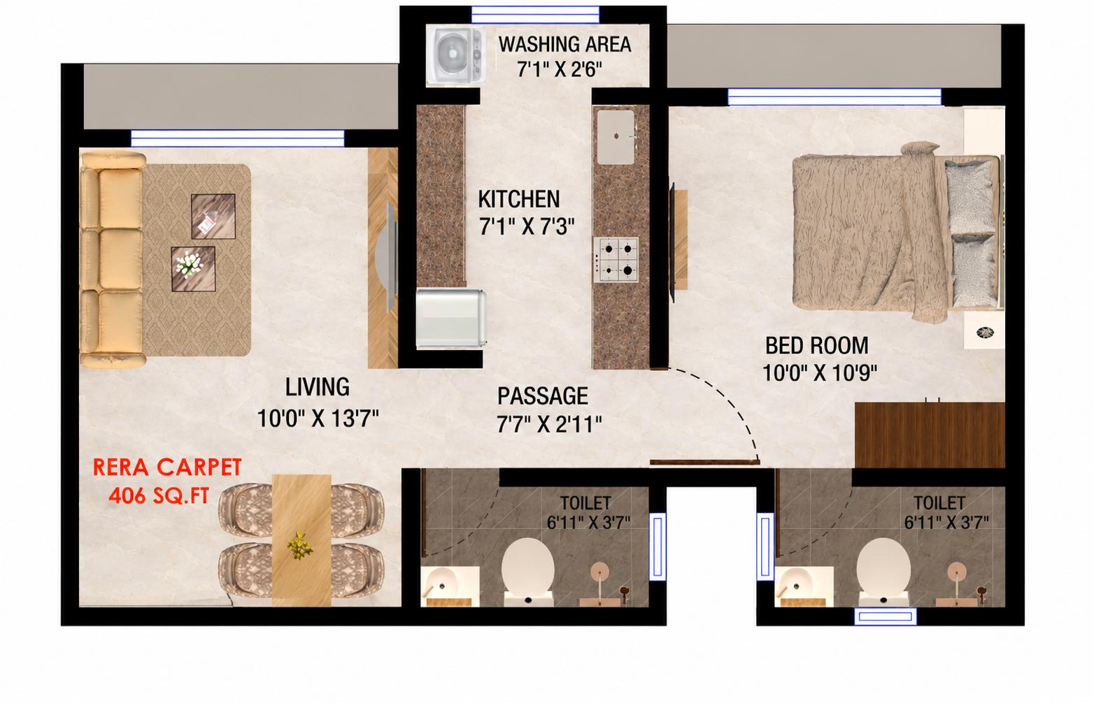 1BHK Type2 floor plan