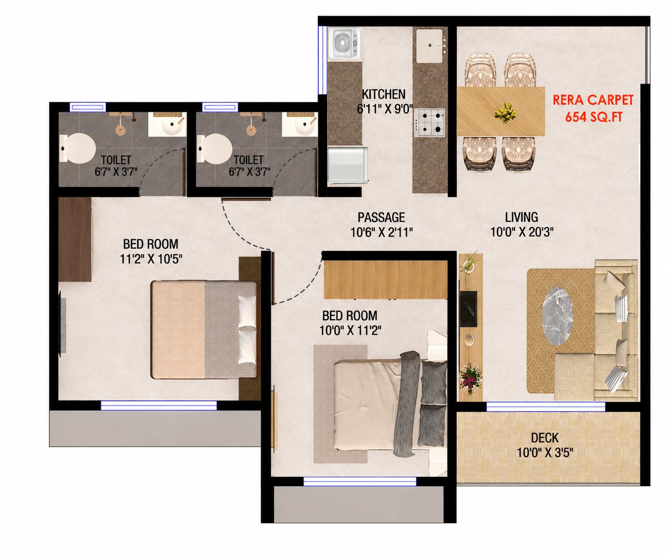 2BHK Type1 floor plan