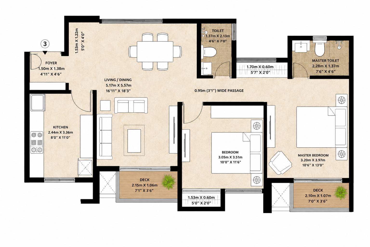 2BHK Type E floor plan