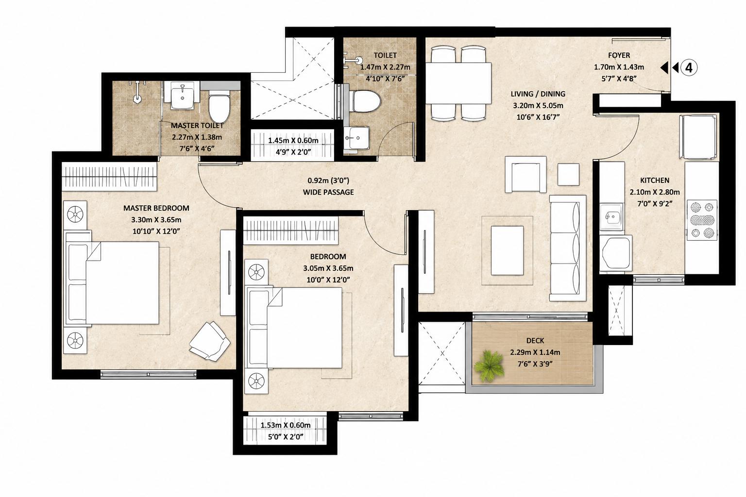 2BHK Type B floor plan