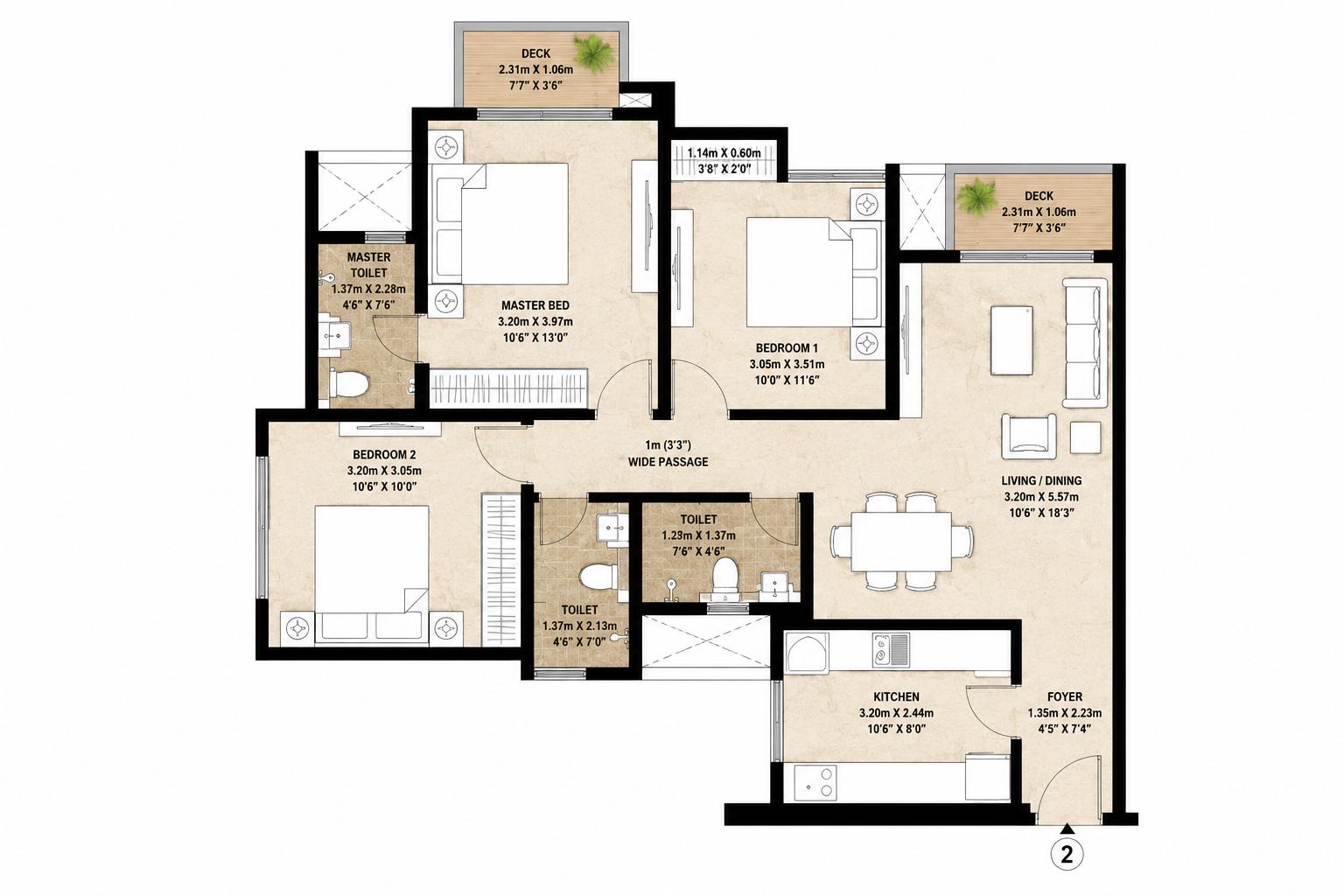 3BHK Type A floor plan