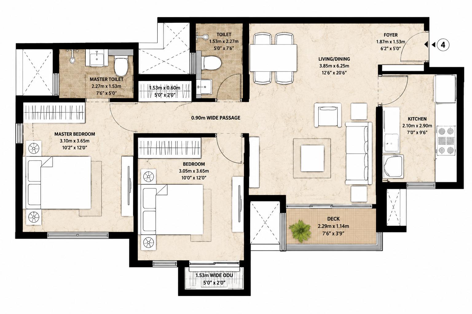 2BHK Type A floor plan
