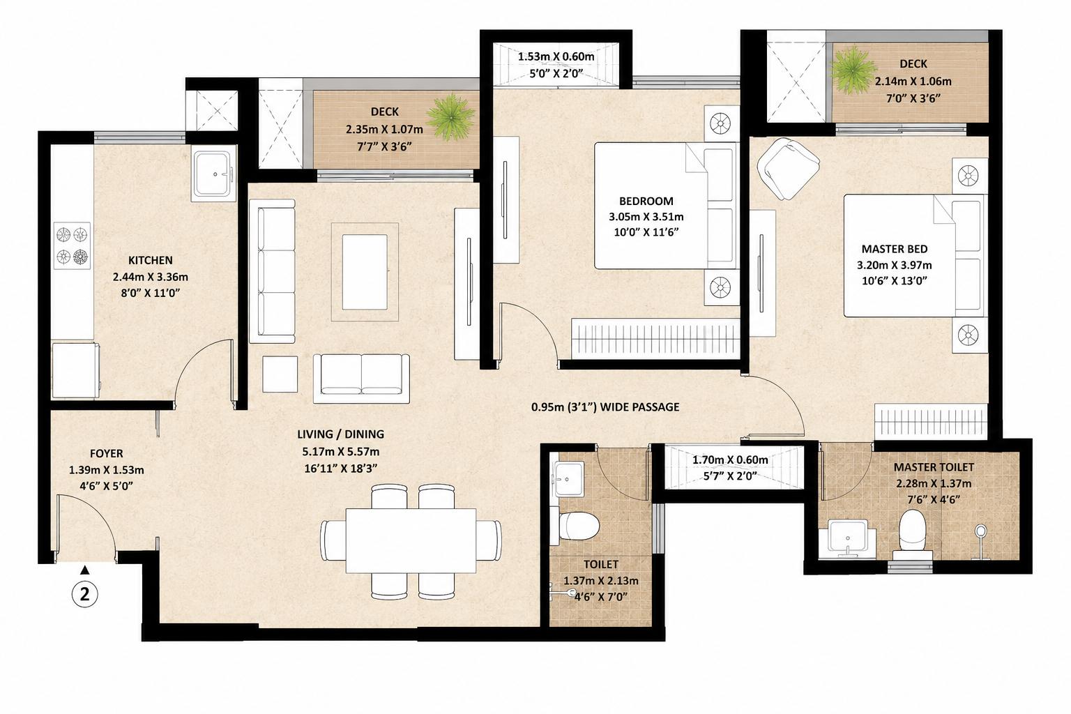 2BHK Type F floor plan